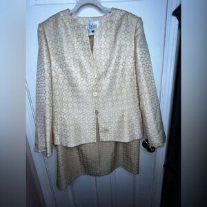 Le Suit Women’s 18 Gold Geo Print Classic Retro 2 Pc Skirt Set Blazer Jacket XL